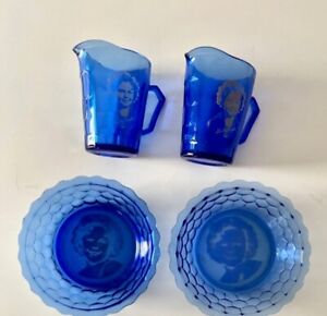 Vintage Lot 4, Hazel Atlas Blue Shirley Temple Cereal Bowl and Pitchers 1930's