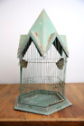 Antique Bird Cage Whimsical Bird House Green Wood base vintage tin metal roof