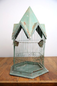 Antique Bird Cage Whimsical Bird House Green Wood base vintage tin metal roof