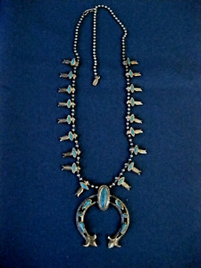 Vtg H.M.S. Squash Blossom Necklace Costume Silver Tone Ball Chain Faux Turquoise
