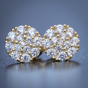 14K Gold Plated Hip Hop Round Mens Sterling Silver Cluster Cz Stud Earrings