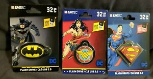 (3) Emtac 32GB USB Flash Drive Key Chains Batman - Wonder Woman - Superman