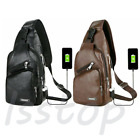 Mens Sling Chest Bag PU Leather Cross Body Fanny Packs USB Charging Backpack US