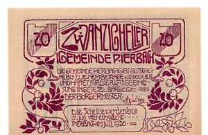 1920 Austria Pierbach Notgeld 20 Heller Note (I276)