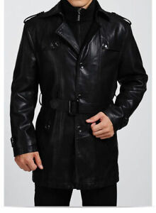 Men Black Leather Trench Coat New Luxury Men's Leather Trench 3/4 Overcoat
