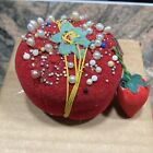 1960s Red Felt Tomato Pin Cushion W/ Strawberry Needle Sharpener And Pins