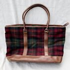 LL Bean Plaid Wool Brown Leather Tote Bag Green and Red Tartan Handbag