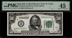 1928 $50 Federal Reserve Note St. Louis - FR.2100-H - Graded PMG 45