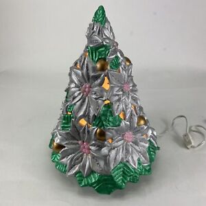 Vtg Atlantic Mold Ceramic Poinsettia Lighted Christmas Tree 12” Tall Colorful