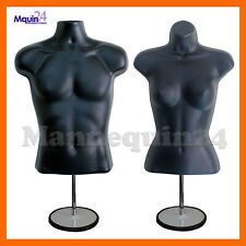 2 Pack Mannequin Torso Body Forms Set Male Female Black w/2 Stands + 2 Hangers