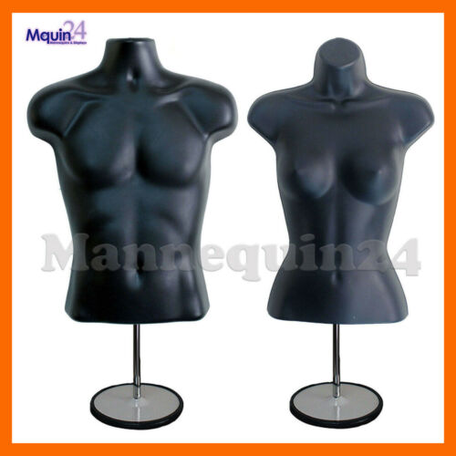 2 Pack Mannequin Torso Body Forms Set Male Female Black w/2 Stands + 2 Hangers