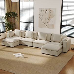 PRICE DROP White 6 Seat Sectional Sofa Set Couch Modern Fabric Upholstered Sofa
