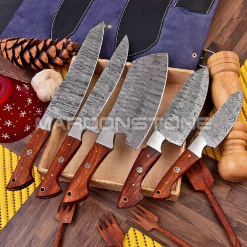 5-Pcs Knife Set Custom Handmade Damascus Steel Kitchen Chef Knives With Sheath