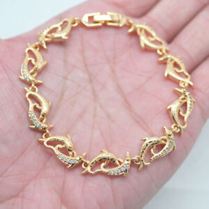 18K Yellow Gold Filled Clear Topaz Women Fashion Dolphins Link Bracelet Jewelry