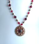 Vintage Gold Tone Red Bead Medallion Pendant Vtg Necklace Costume Adjustable