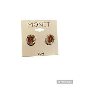 VTG MONET Signed Faux Amber Faceted Glass Cabochon Gold Tone Clip Earrings