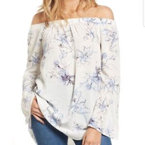 BP Womens XL Blue Floral Print Baby Doll Off Shoulder Rayon Top NWT