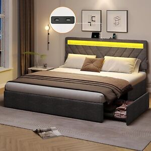 King Size Bed Frame with LED Lights Modern Platform Bed Frame with Power Outlets
