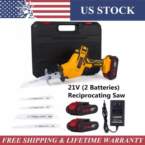 21V Cordless Reciprocating Saw Variable Speed w/ 2 Batteries & Charger & 4Blades