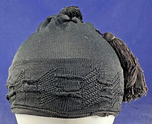 Victorian Black Silk Knit Argyle Beanie Stocking Skullcap Smoking Hat Tassel Top