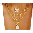 GOLD LAYERS PENDANT COIN Toggle Chain Heart Necklace Butterfly 3 Pc + Pouch