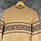 Lord Jeff Sweater Men M Tan Fair Isle Snowflake Cable Knit Crew Neck Pullover