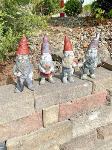 Vintage Cast Iron Garden Gnome Family of 4, Estate. Mushroom HEAVY 13