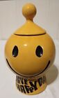 1960s McCoy Pottery Smiley Face Have A Happy Day Bright Yellow Cookie Jar & Lid