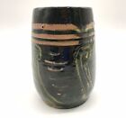 Vtg Studio Art Pottery Vase Abstract Black Glaze Green Mauve Design Signed 8.5”