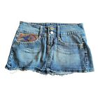 Vintage Micro Mini Jean Skirt Embroidered Pocket Raw Hem Denim Low Rise 90s Y2K