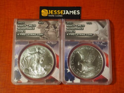 2021 SILVER EAGLE ANACS MS70 FIRST STRIKE 2 COIN SET BOTH TYPE 1 & TYPE 2