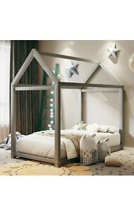 Twin size wooden house bed for kids no box springs needed, Grey