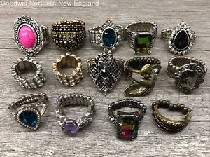 Costume Jewelry Ring Lot w. Multicolor Stones Stretch Band Cocktail