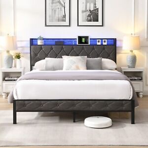 Upholstered Bed Frame with Storage Headboard, Charging Station and LED Lights US