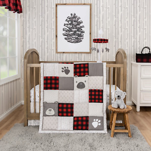 New Designer Baby  Grey Red Patchwork Bear Woods 4Piece Crib Bedding Set