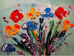 FLOWERS ON  BLUE  original Oil On Canvas Gallery Artist H89PYP0