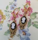 Vintage 14x10 BLACK CAMEO EARRINGS Victorian Style LEVER BACK JEWELRY