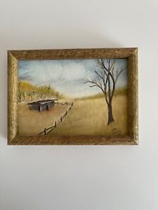 Small signed vintage painting farmstead art framed