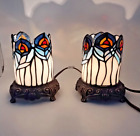New ListingPAIR TIFFANY STYLE STAINED GLASS , BRASS METAL BASE, ELECTRIC NIGHT LIGHT LAMPS