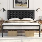 Metal Bed Frame with Tufted Faux Leather Adjustable Upholstered Headboard
