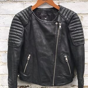 🔴 SALE 🔴 Ladies H&M Black Genuine Leather Quilted Biker Jacket Short UK 8 EU36