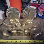 9 PIECE VINTAGE SOLID BRASS DECOR LOT-SELLING TOGETHER-GOOD SHAPE-KOOL SUBJECT