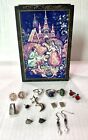 Hand Painted Jewelry Box With 16pcs Sterling Silver Jewelry Earrings Rings Vtg