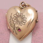 Antique Victorian Daisy Flower Puffy Heart Rose Gold Filled Charm Pendant Locket
