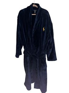 Polo Ralph Lauren Bath Robe Mens L/XL Navy Blue Gold Pony Plush Loungewear