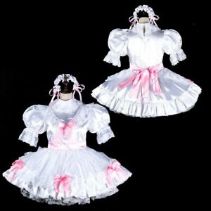 Sissy maid white satin dress lockable Uniform cosplay costume Set Tailor-made
