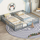 Wood Floor Bed Frame Double Twin Size With Fence Headboard Guardrails For Kids