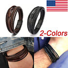 Men Jewelry Black Braided Leather Bracelet Multi-Layer Stainless Steel Clasp