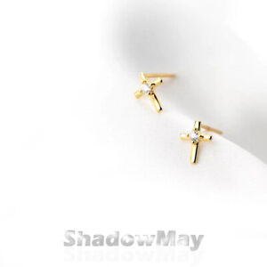 Ladies Real 925 Sterling Silver 14k Gold Finish Cross Earrings Studs CZ Men Gift