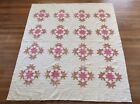 Antique Early 1900's Hand Stitched 10 spi Red & Green Star Quilt 70x62